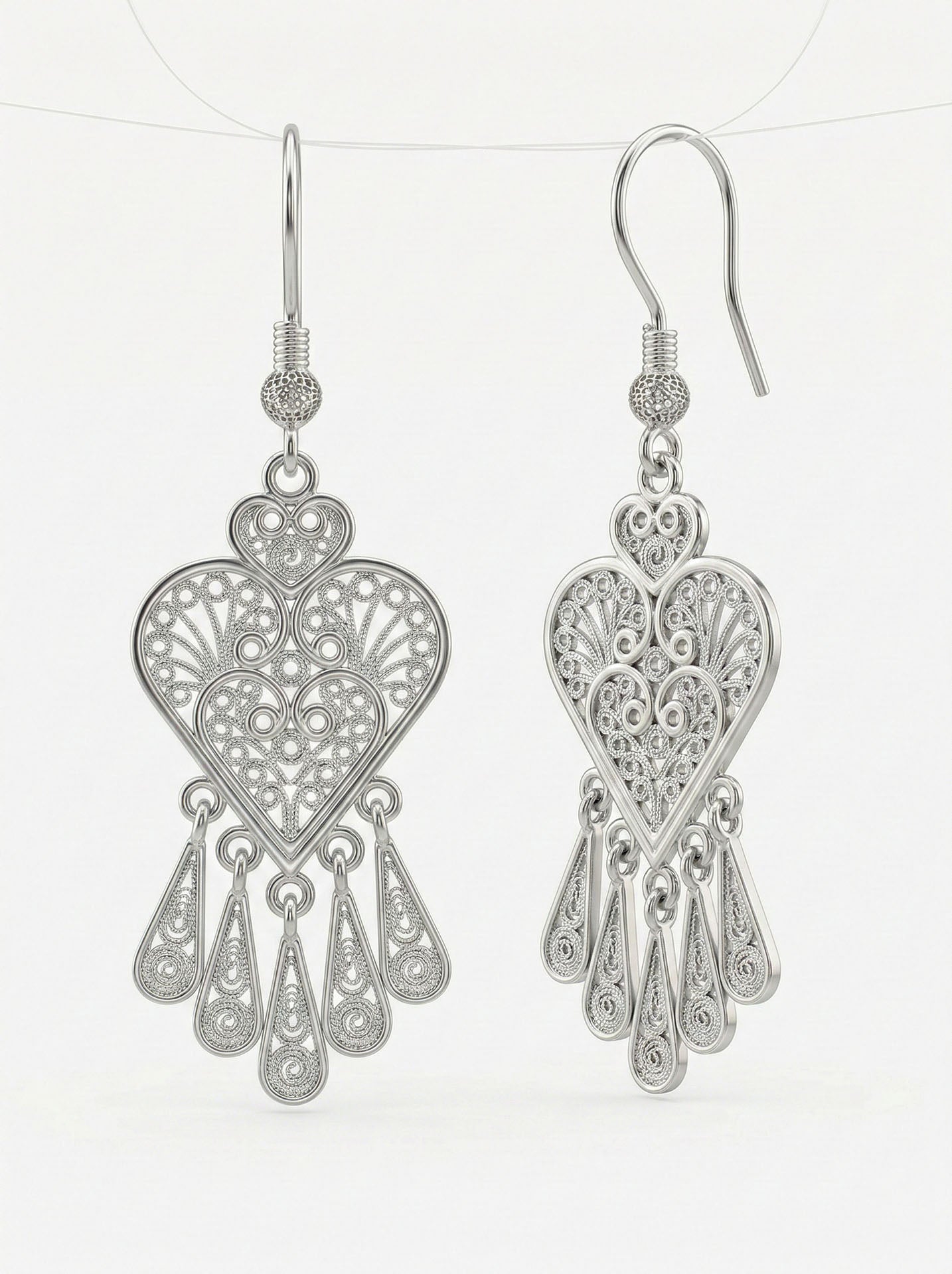 925 Sterling Silver Traditional Filigree Heart Earrings - Droplet Tassel Dangle Handmade