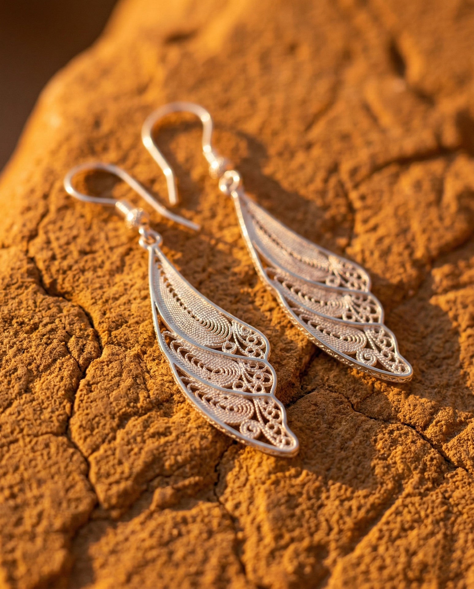 925 Sterling Silver Traditional Filigree Angel Wing Earrings - Modern Handcrafted Vertical Design