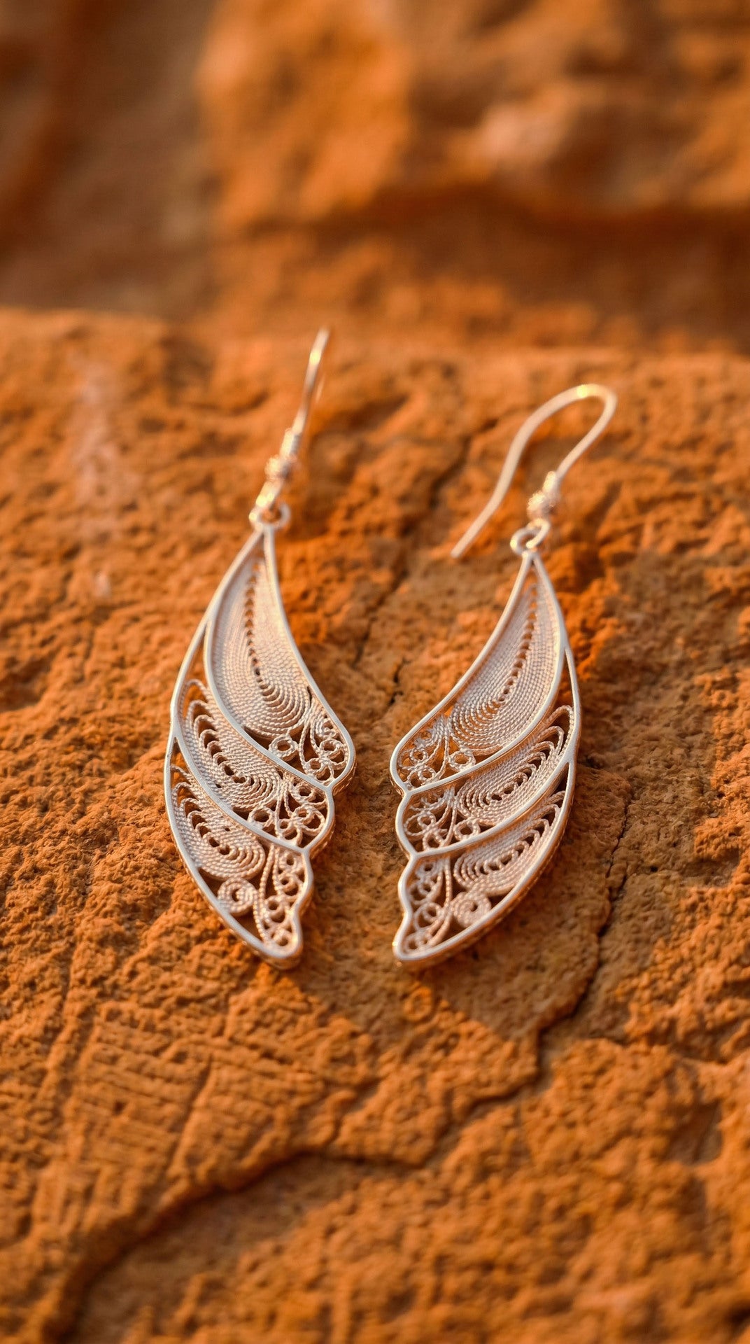 925 Sterling Silver Traditional Filigree Angel Wing Earrings - Modern Handcrafted Vertical Design