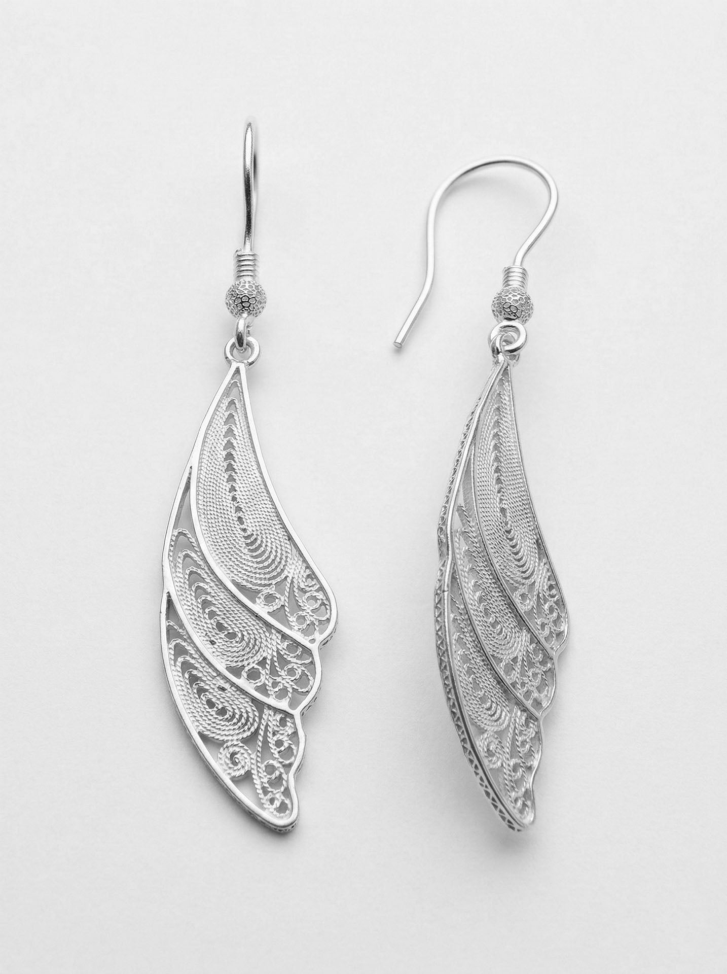 925 Sterling Silver Traditional Filigree Angel Wing Earrings - Modern Handcrafted Vertical Design