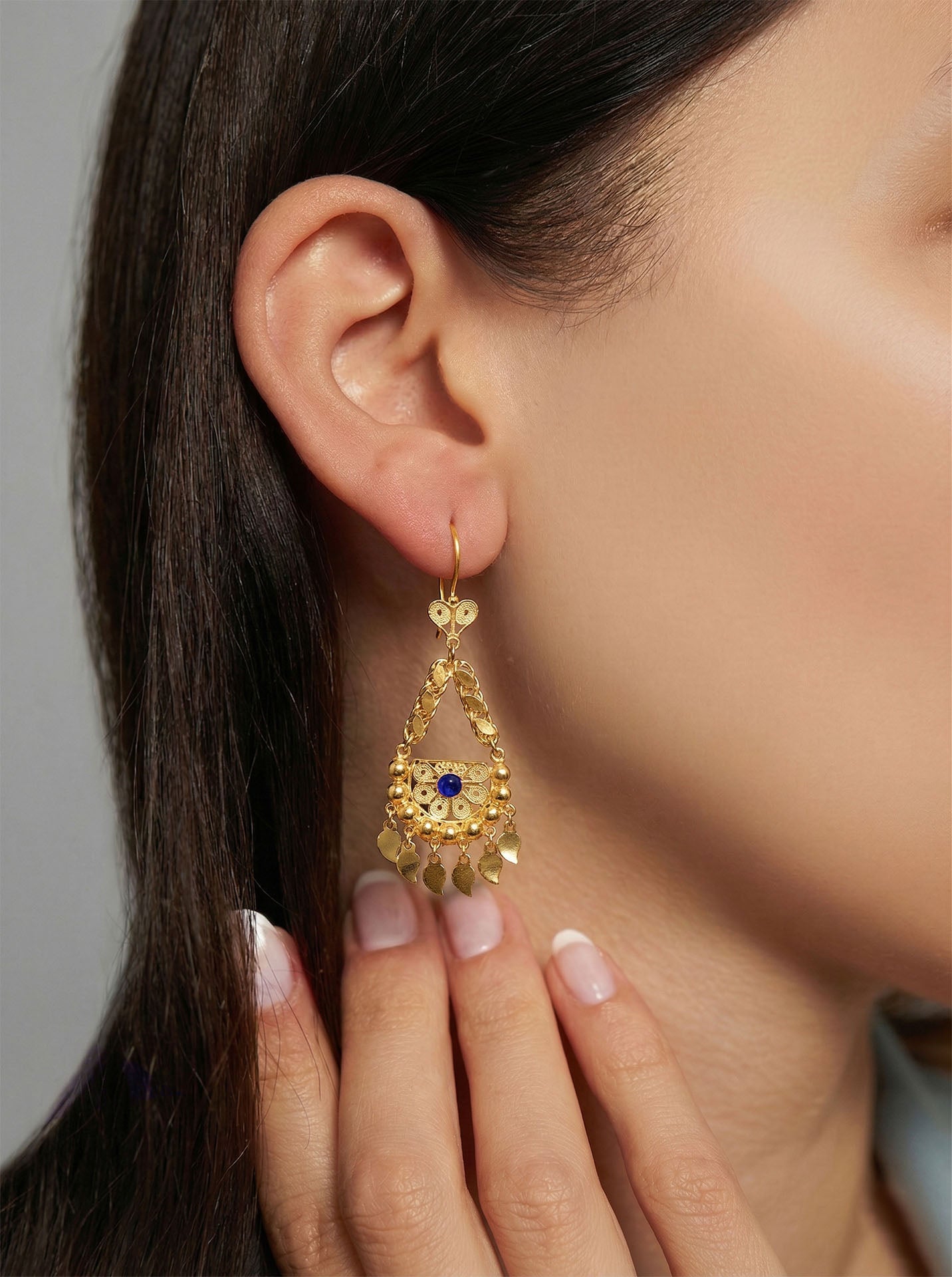 Traditional Filigree Sapphire Sequin Cluster Shahmaran Earrings Gold Plated Silver
