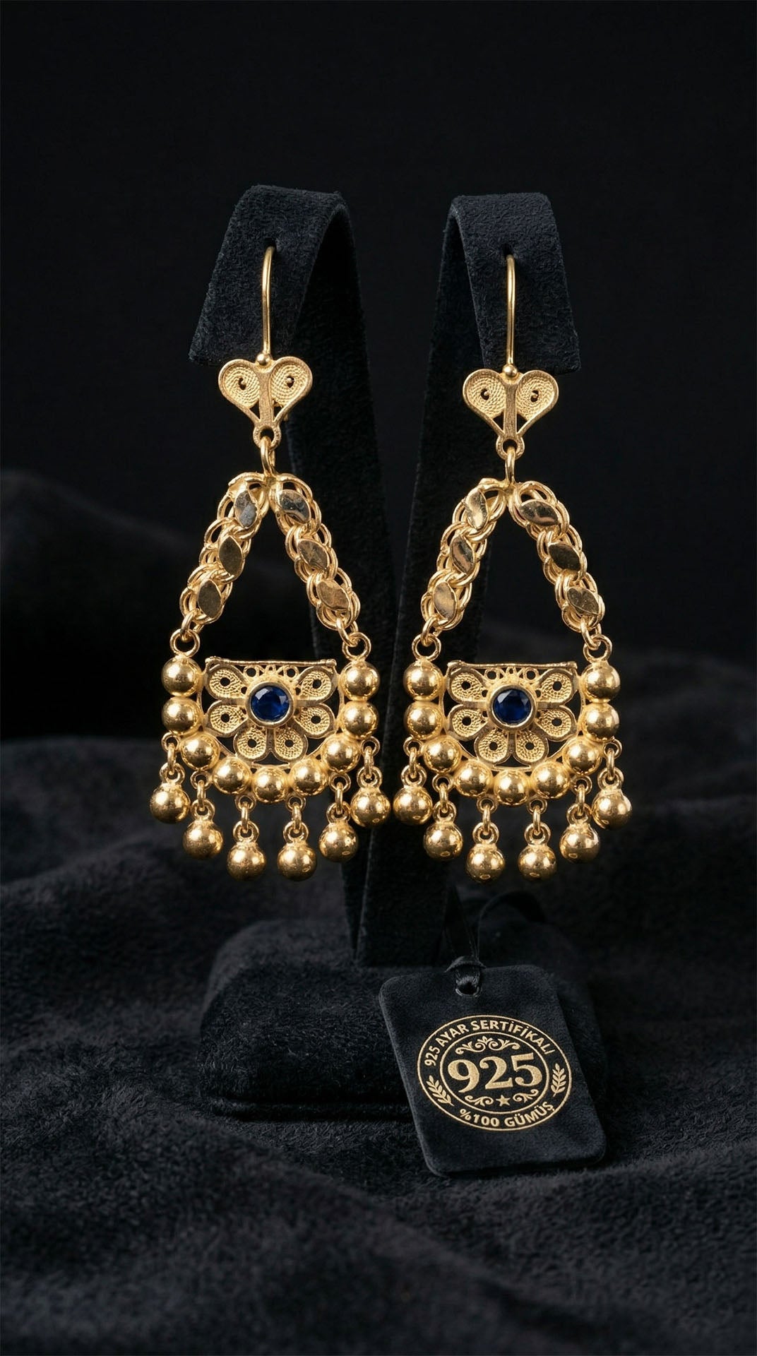 925 Sterling Silver Traditional Filigree Sapphire Gold Plated Ball Cluster Shahmaran Earring
