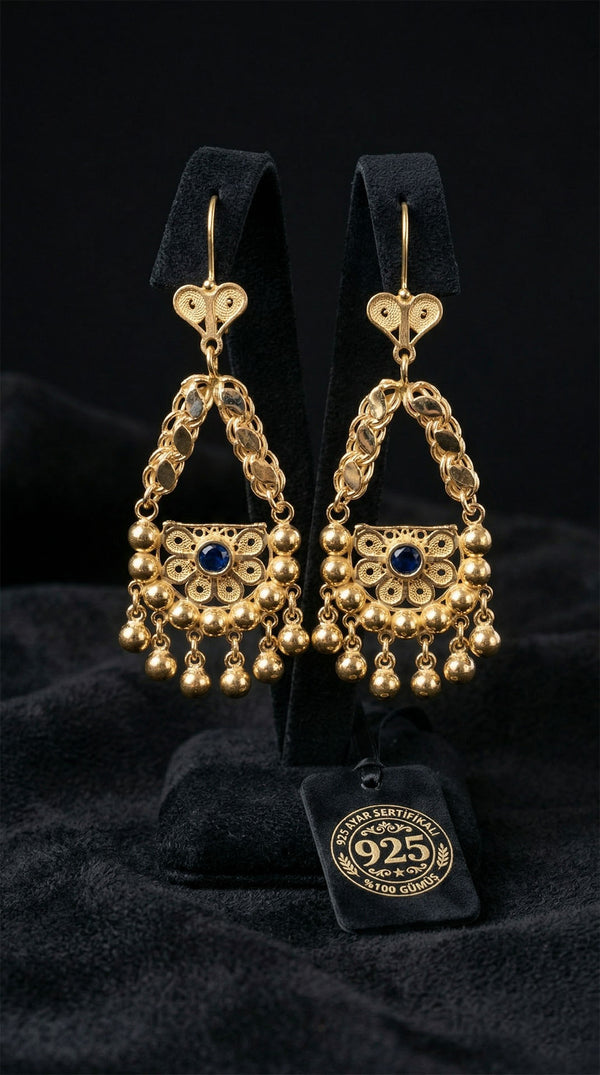 925 Sterling Silver Traditional Filigree Sapphire Gold Plated Ball Cluster Shahmaran Earring