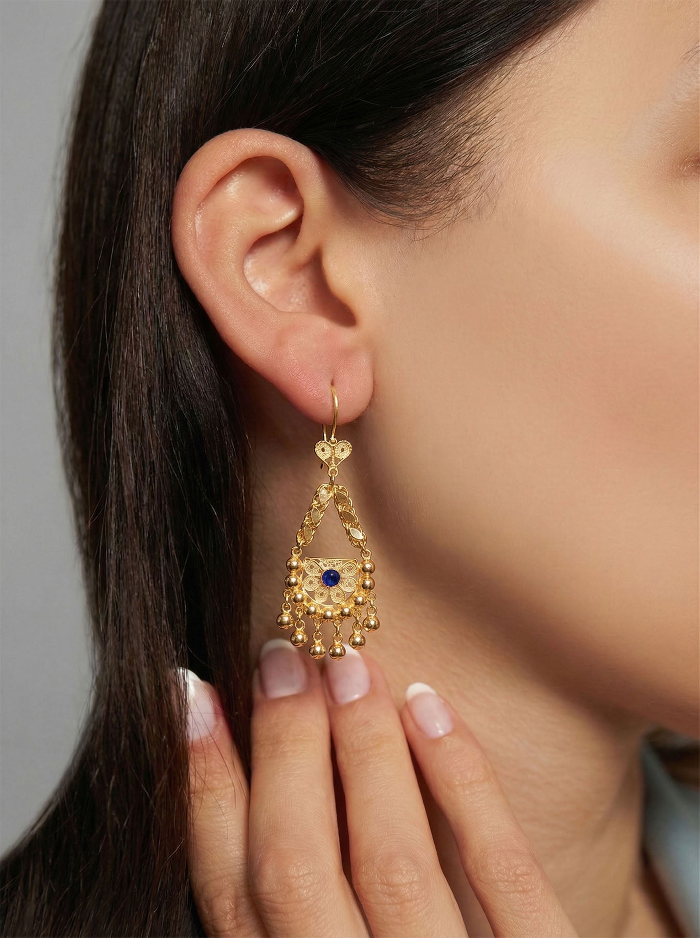 Traditional Filigree Sapphire Cluster Shahmaran Earrings Gold Plated Silver