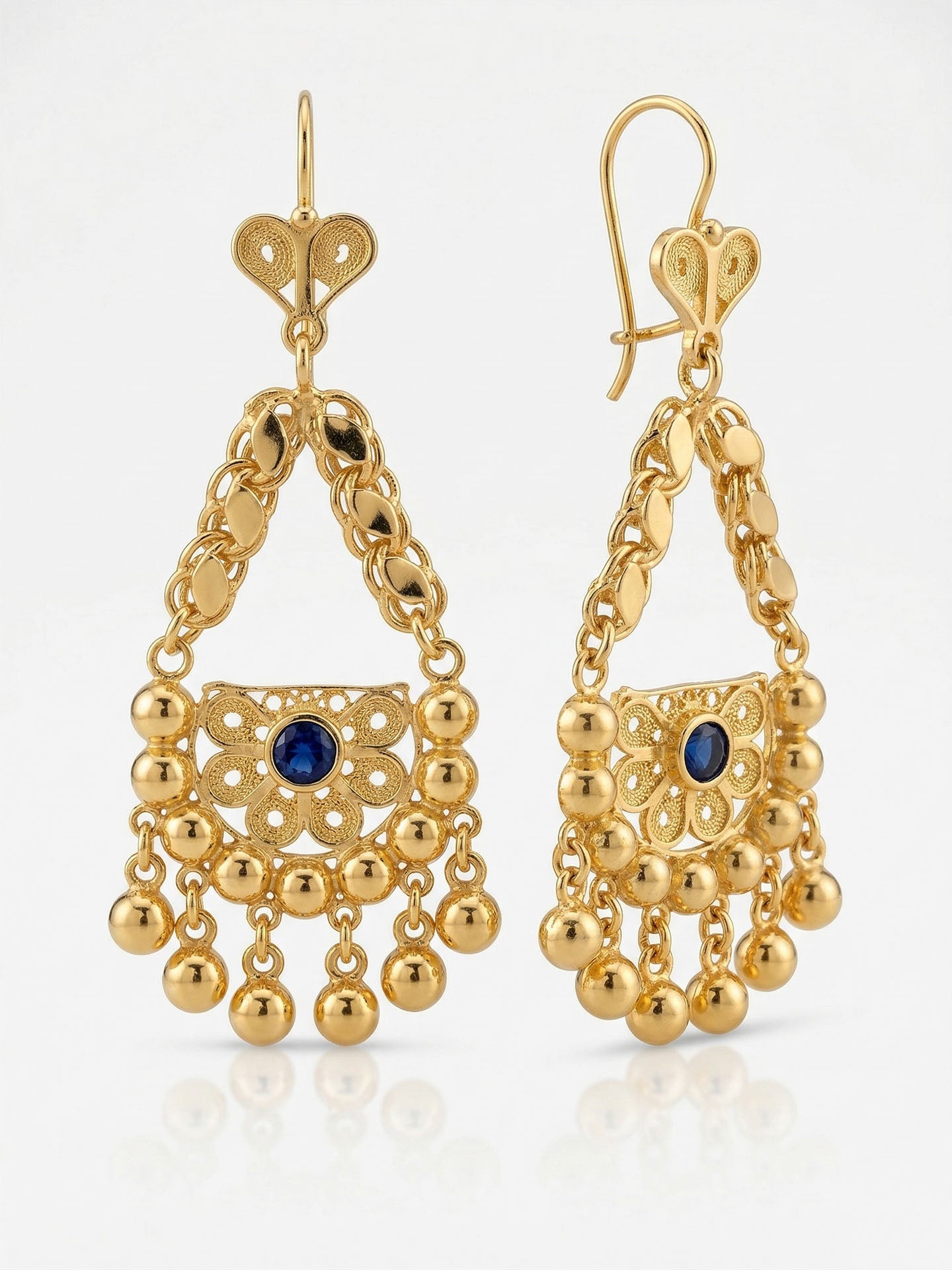 Traditional Filigree Sapphire Cluster Shahmaran Earrings Gold Plated Silver