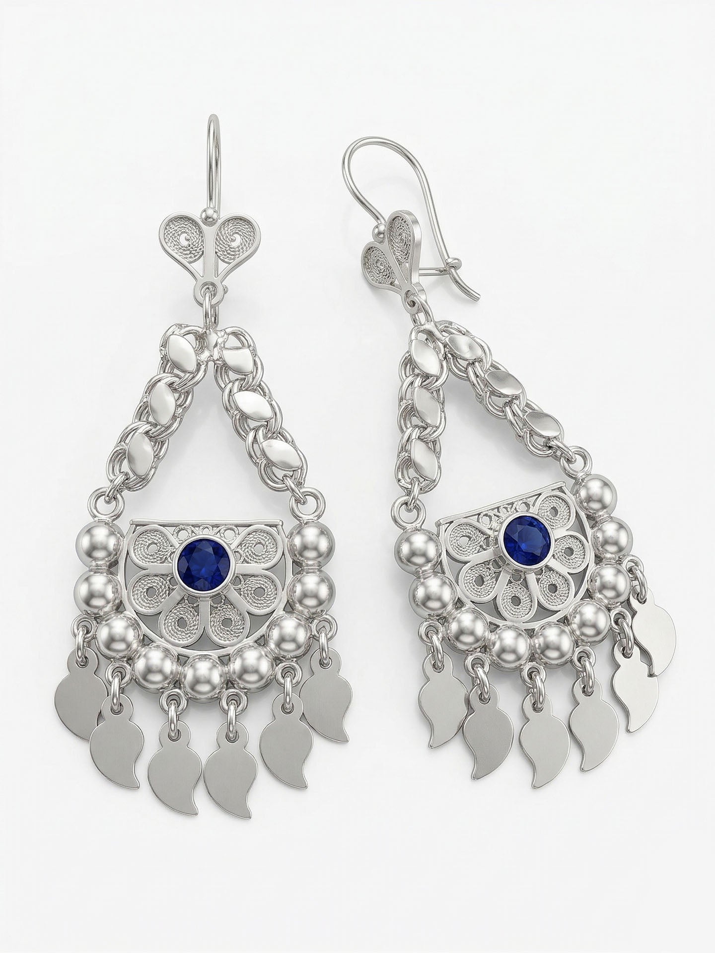 Traditional Filigree Sapphire Sequin Cluster Shahmaran Earrings Silver