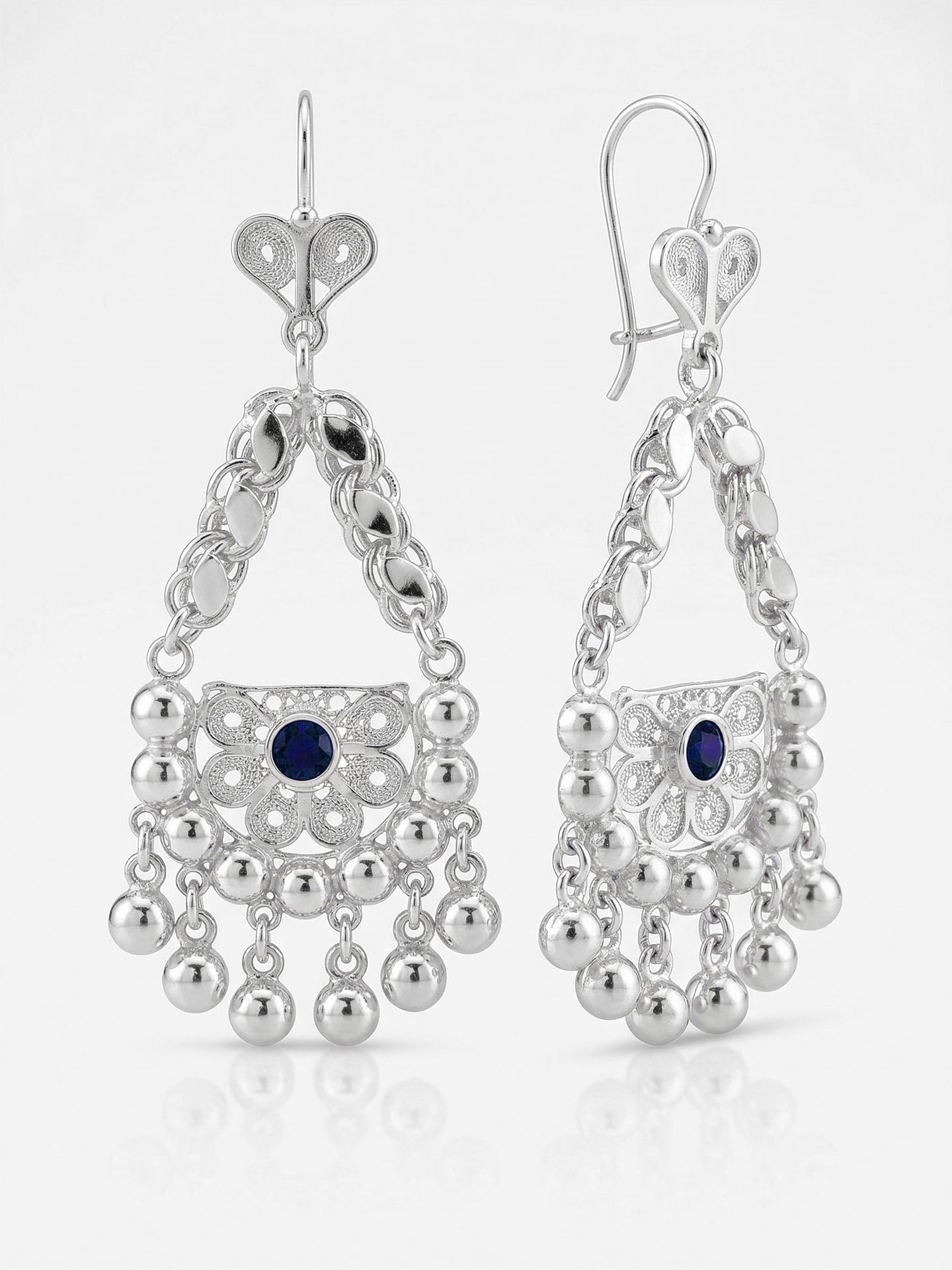 Traditional Filigree Sapphire Cluster Shahmaran Earrings Silver