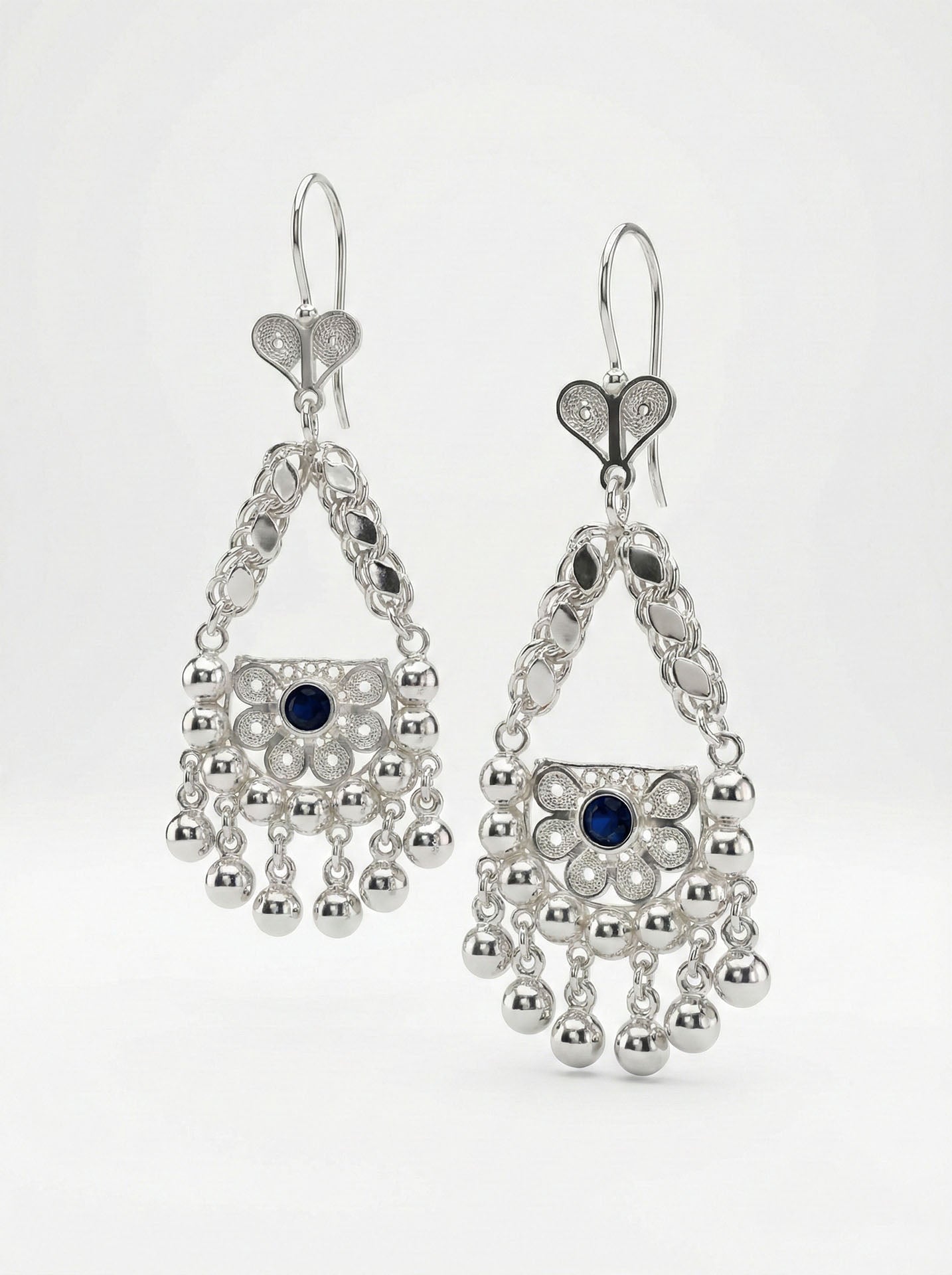 Traditional Filigree Sapphire Cluster Shahmaran Earrings Silver