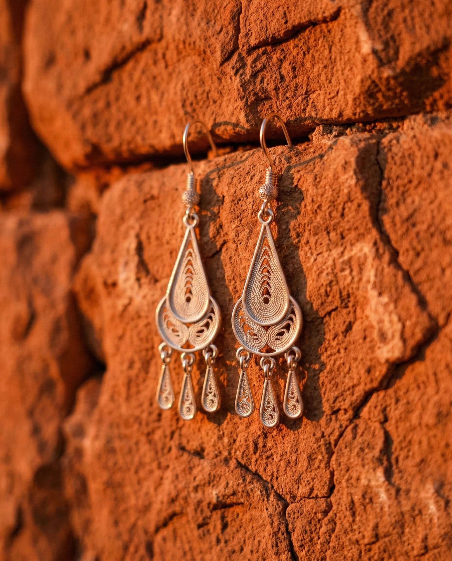 Traditional Filigree Candelabra Drop Tassel Handmade Earrings Silver