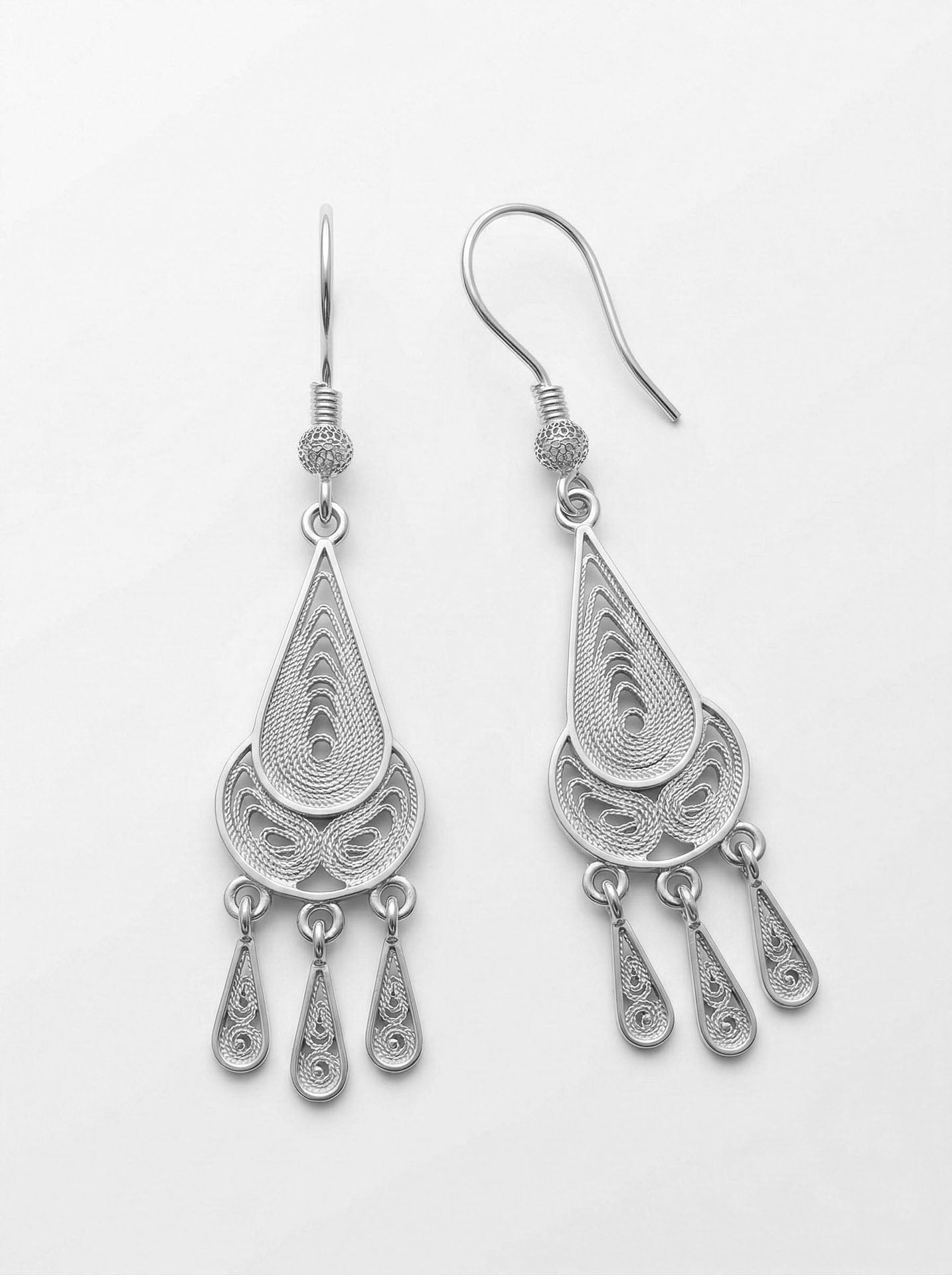 Traditional Filigree Candelabra Drop Tassel Handmade Earrings Silver