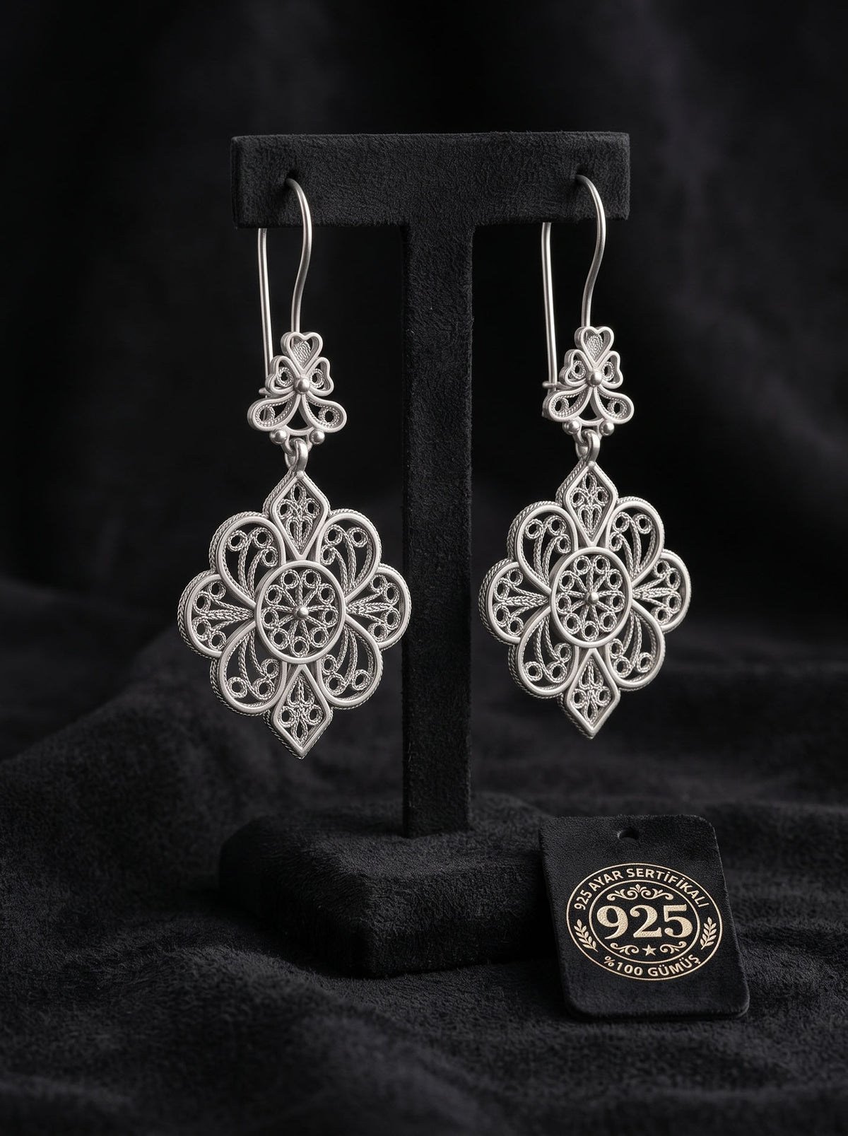 925 Sterling Silver Traditional Filigree Art Lace Detailed Dangle Hook Earrings