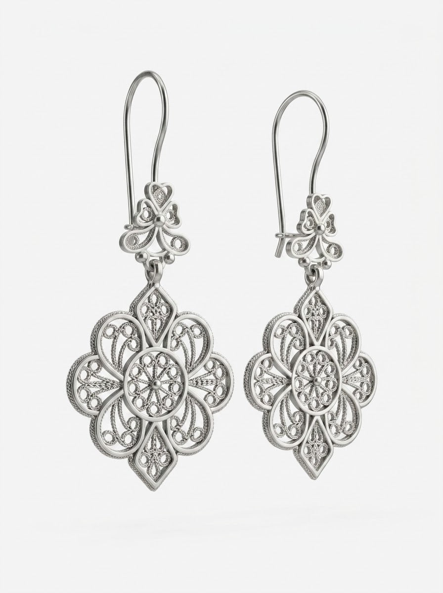 925 Sterling Silver Traditional Filigree Art Lace Detailed Dangle Hook Earrings - view 3
