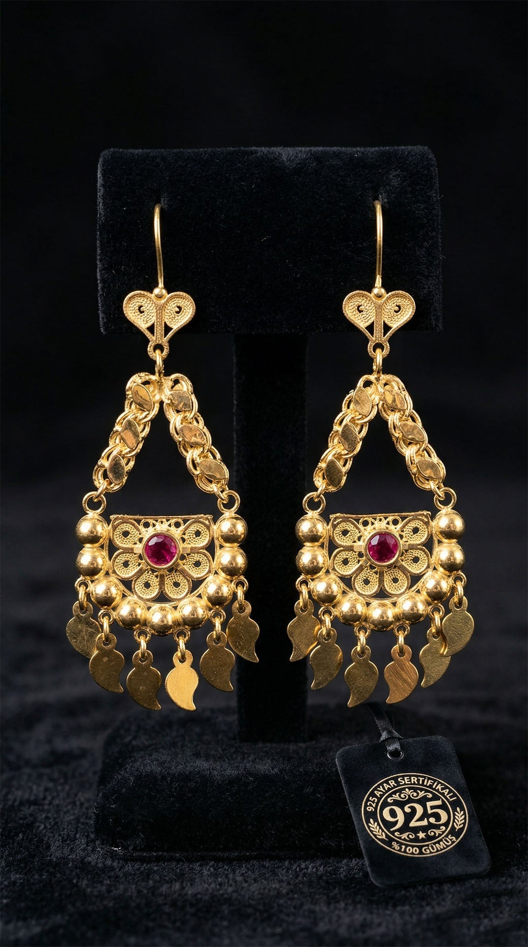 Traditional Filigree Ruby Colored Sequin Cluster Earrings Gold Plated Silver