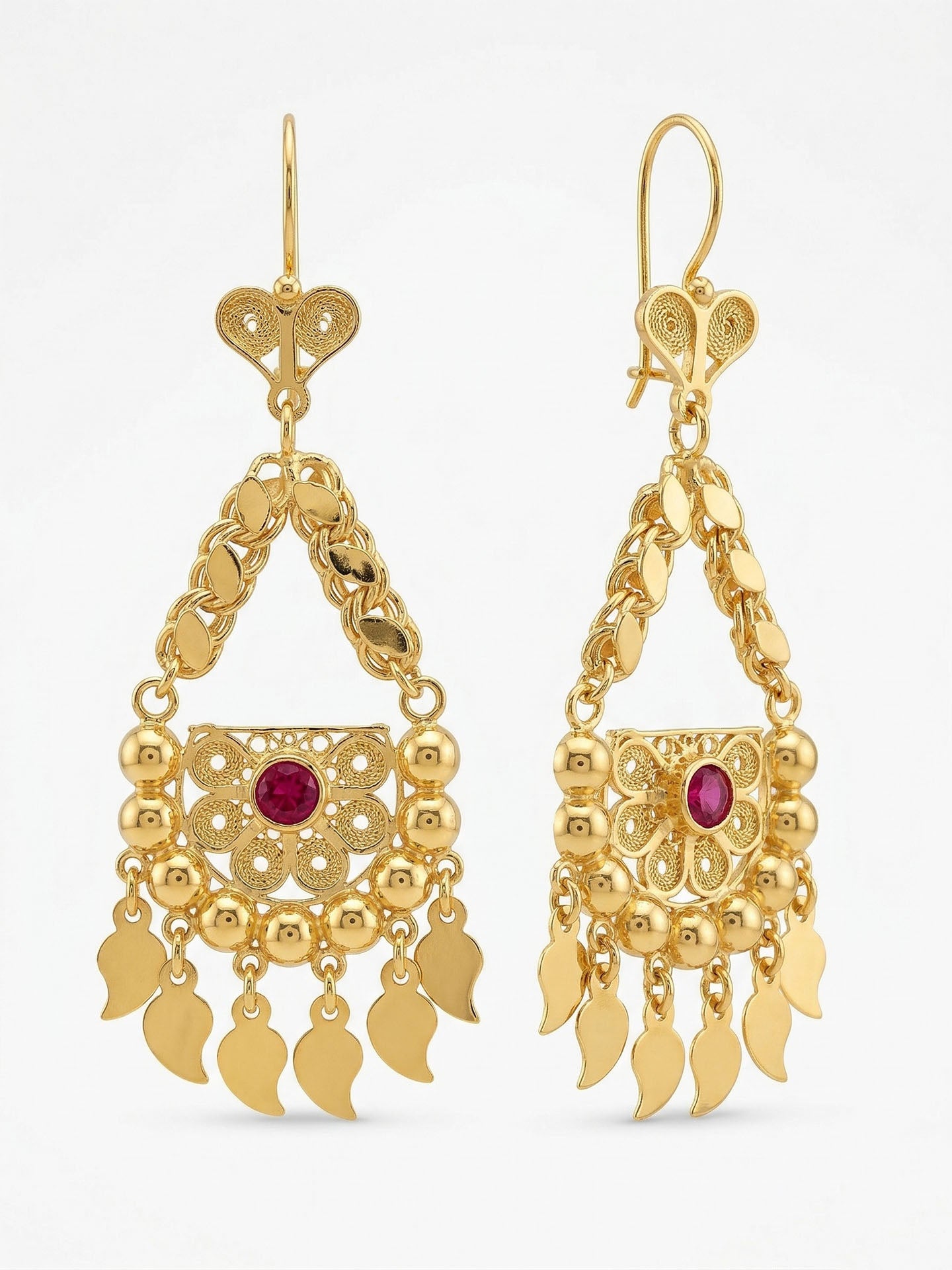 Traditional Filigree Ruby Colored Sequin Cluster Earrings Gold Plated Silver
