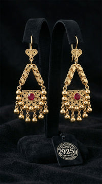925 Sterling Silver Traditional Filigree Gold Plated Cluster Earrings with Ruby-Colored Stones