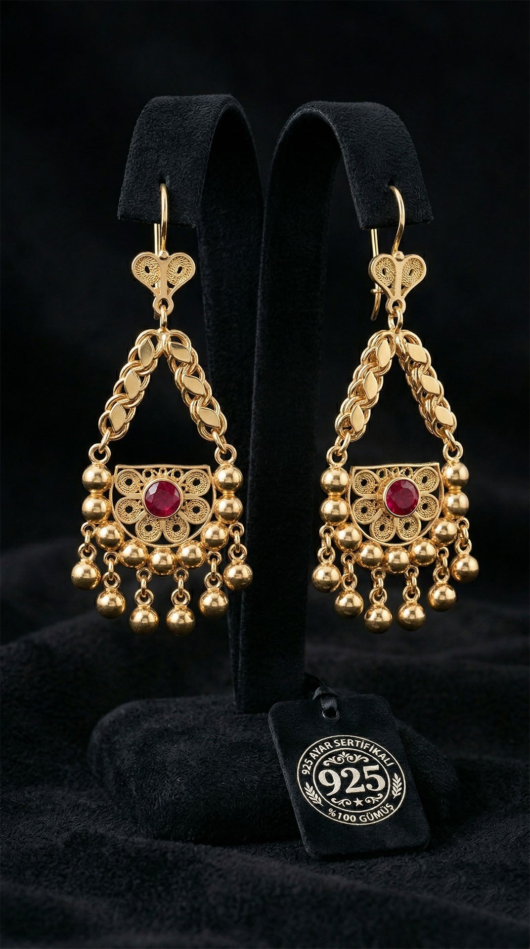 925 Sterling Silver Traditional Filigree Gold Plated Cluster Earrings with Ruby-Colored Stones
