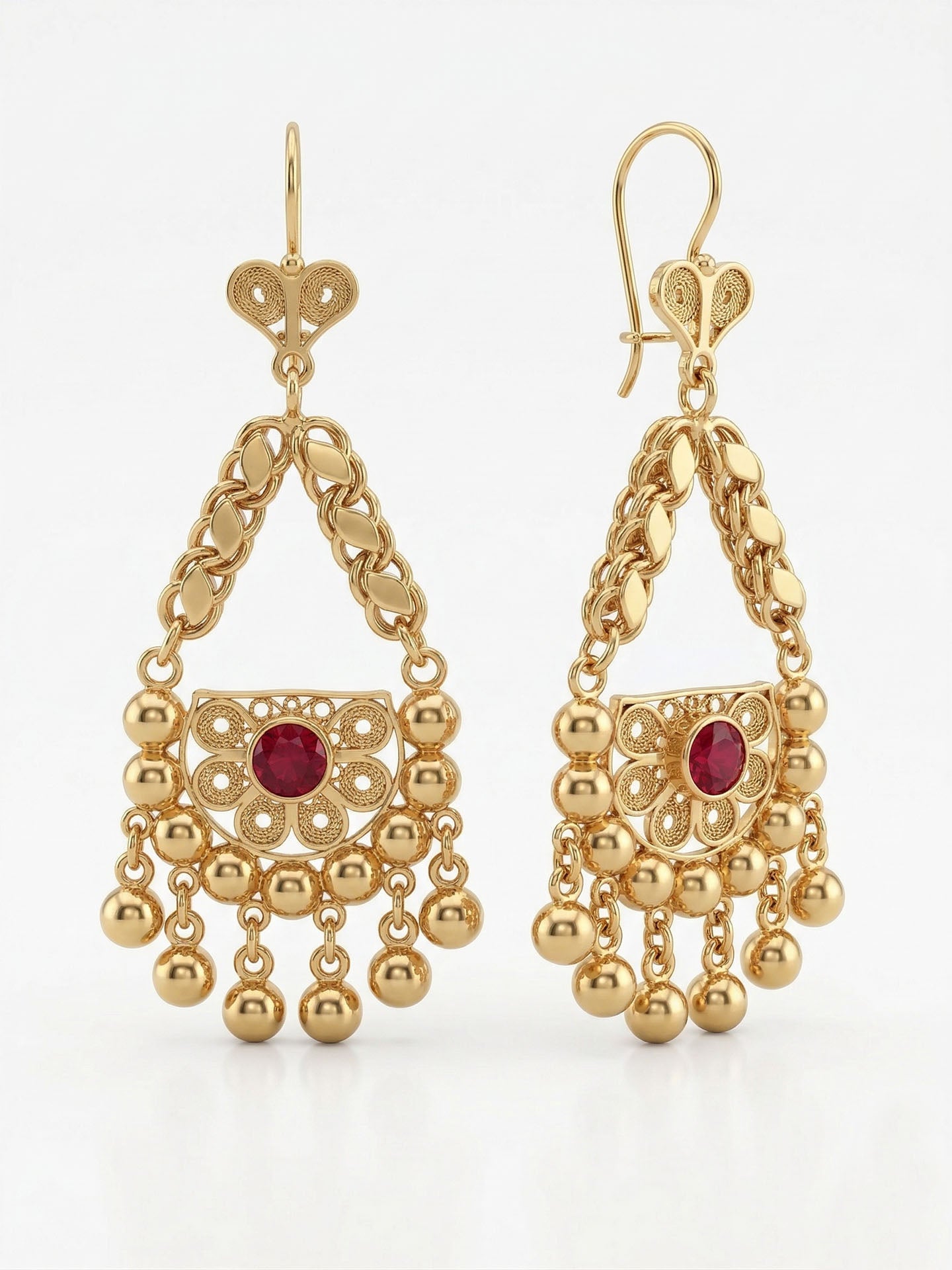 Traditional Filigree Ruby Colored Cluster Earrings Gold Plated Silver