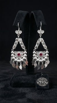 925 Sterling Silver Traditional Filigree Ruby-Colored Stone Dangle Earrings