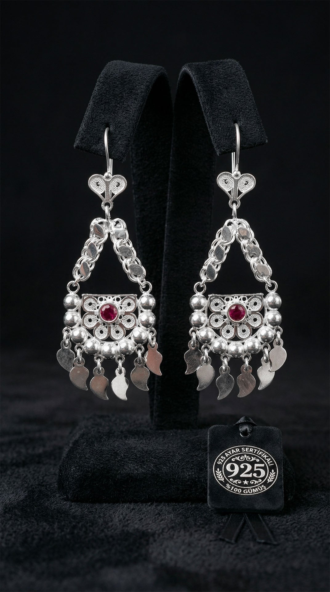 925 Sterling Silver Traditional Filigree Ruby-Colored Stone Dangle Earrings