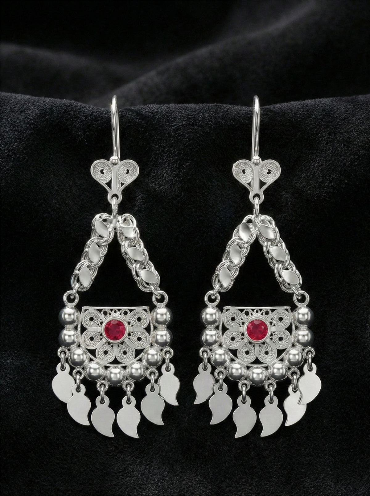 Ruby Sequin Cluster Filigree Dangle Earrings in 925 sterling silver - view 3