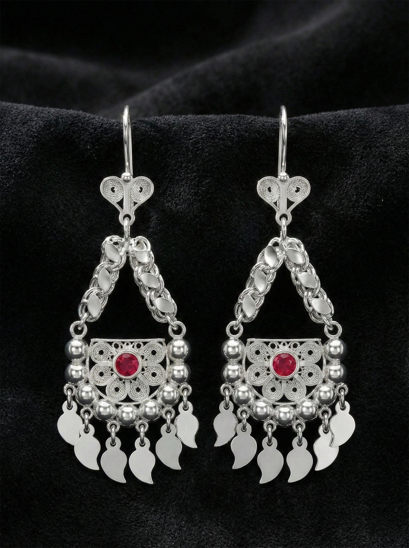 Traditional Filigree Ruby Colored Sequin Cluster Earrings Silver