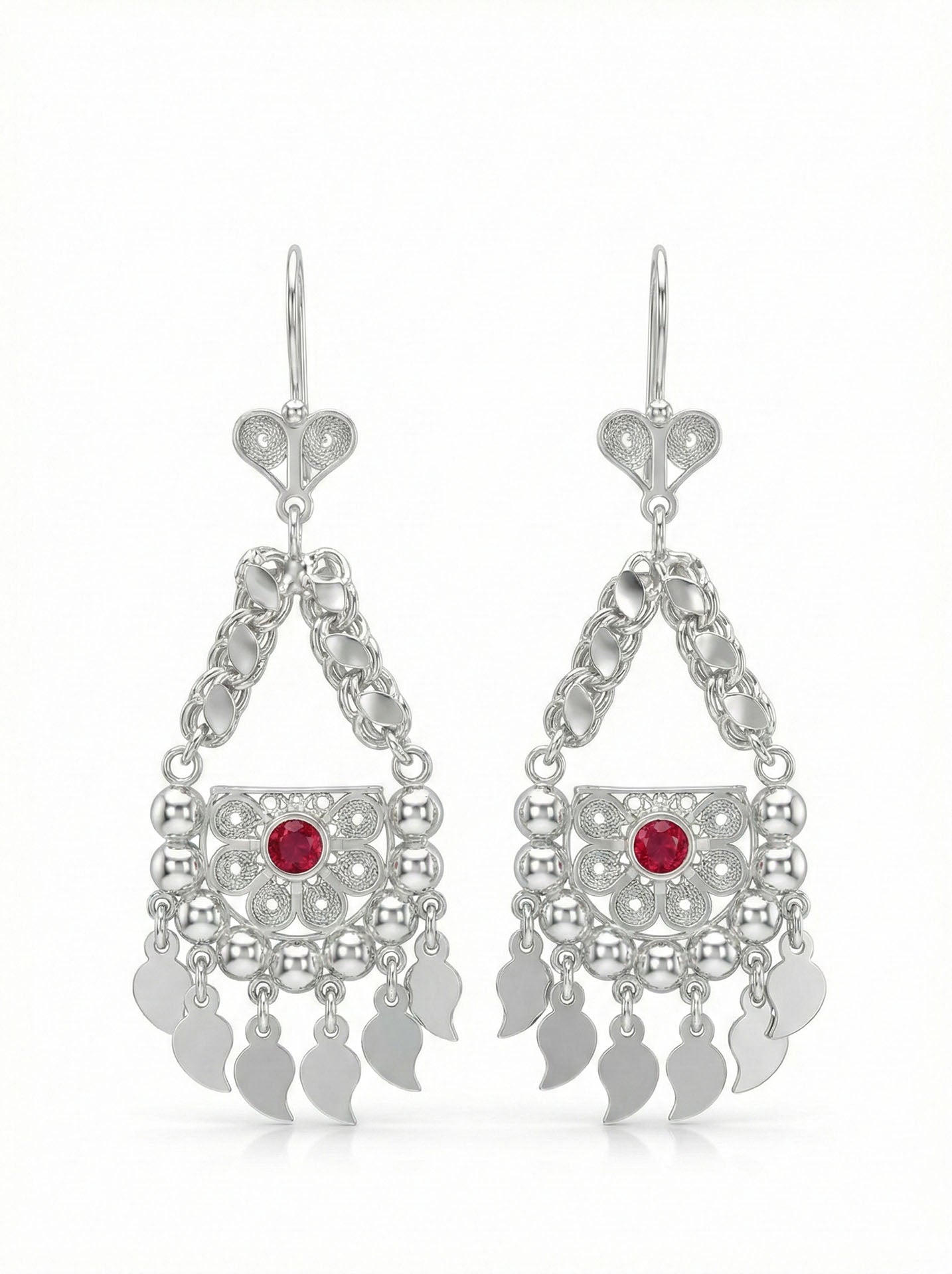 Traditional Filigree Ruby Colored Sequin Cluster Earrings Silver