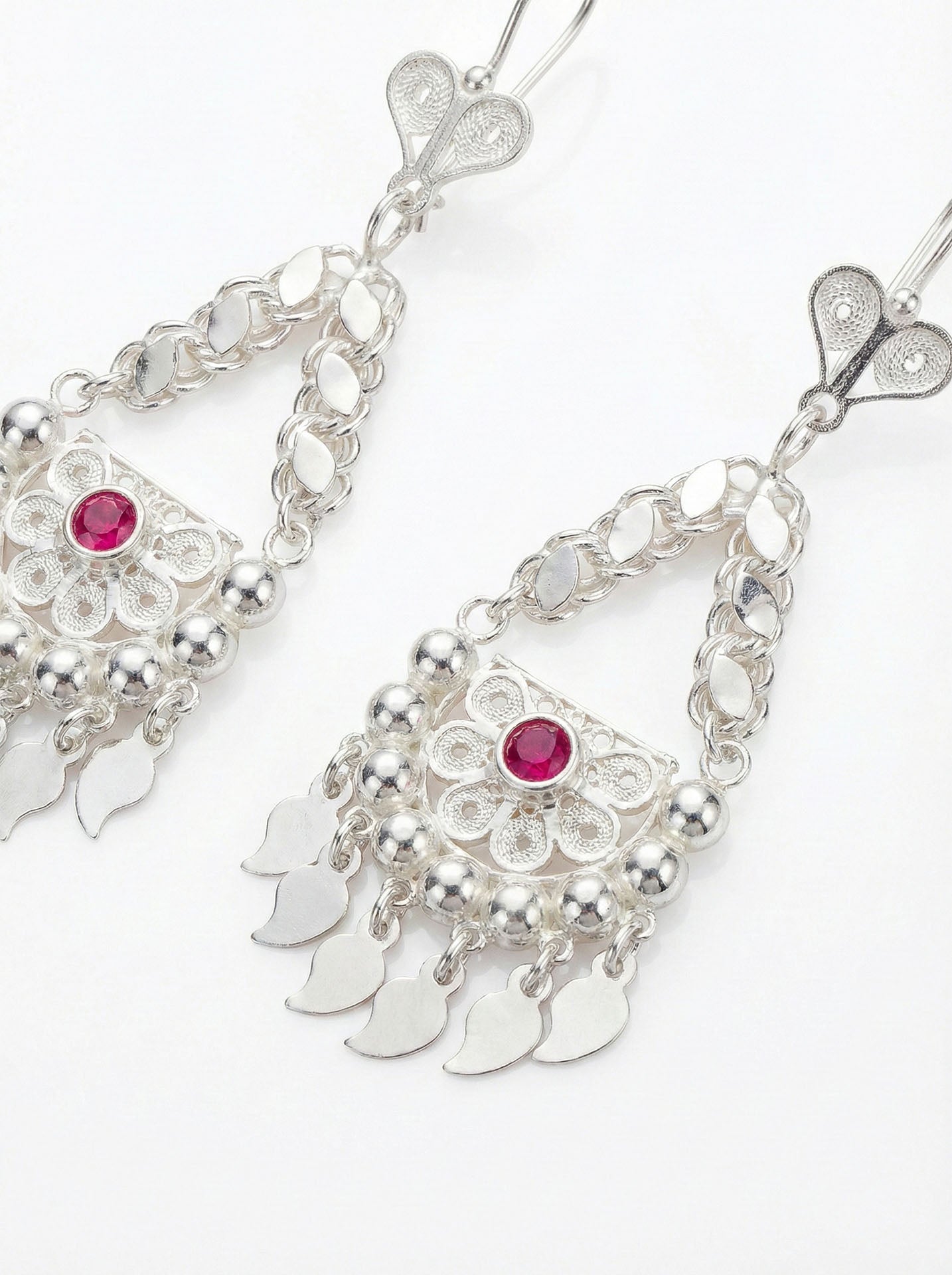 Traditional Filigree Ruby Colored Sequin Cluster Earrings Silver