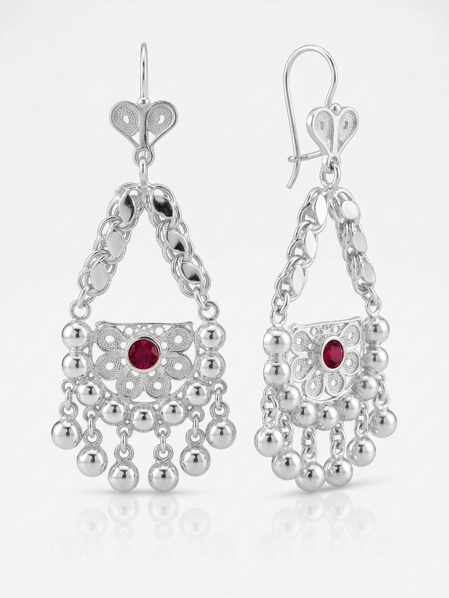 Traditional Filigree Ruby Colored Cluster Earrings Silver