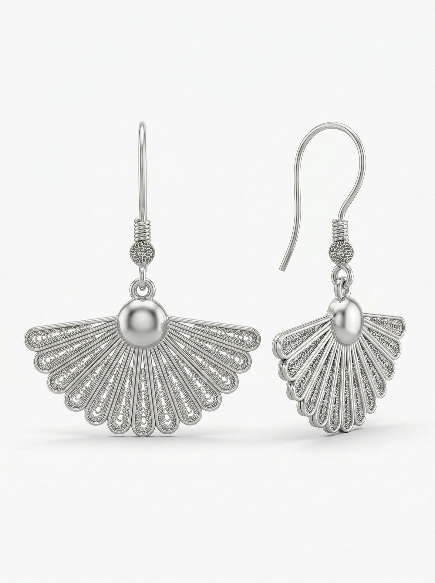 Traditional Filigree Fan Hook Handmade Earrings Silver