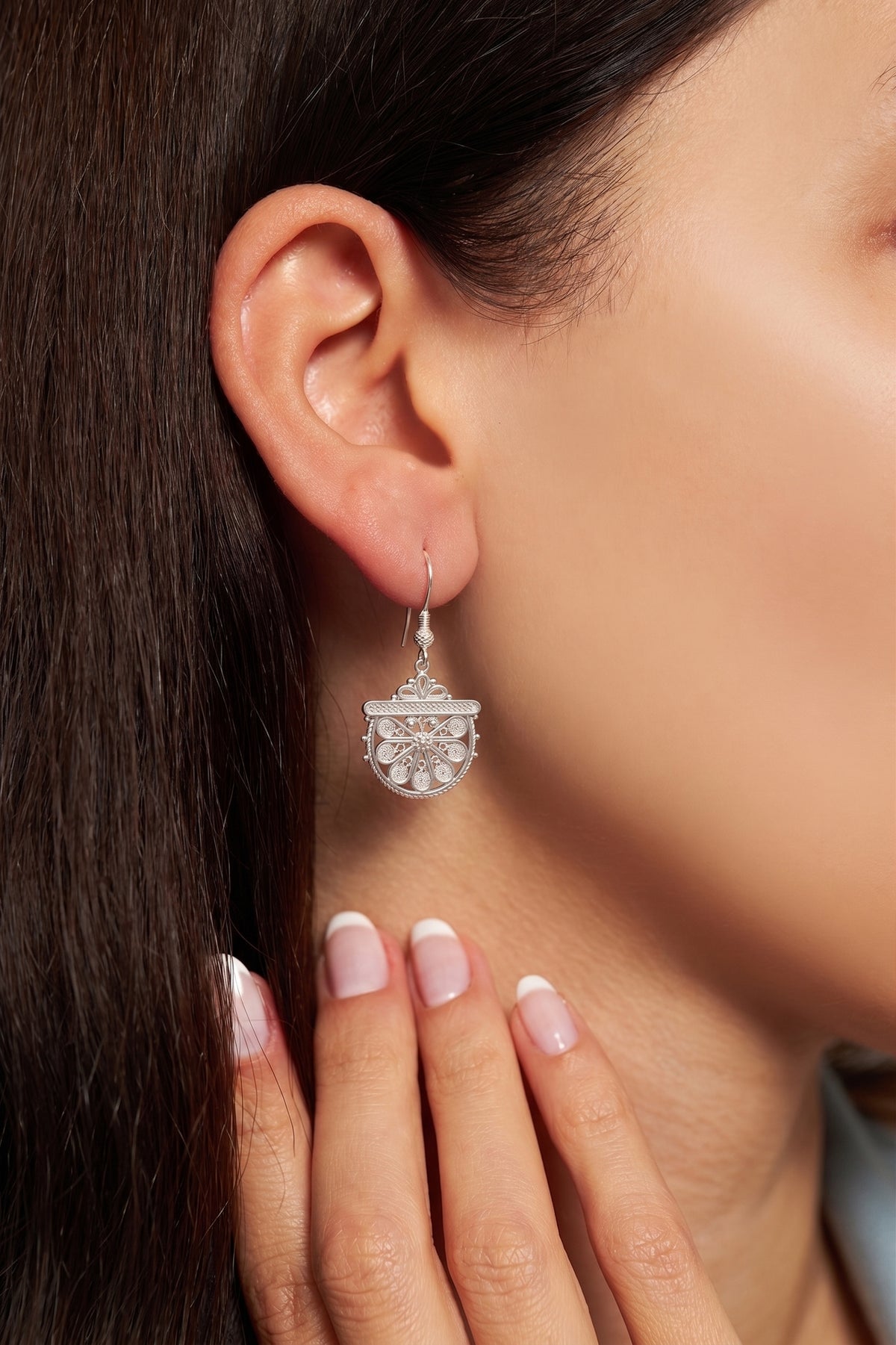 925 Sterling Silver Traditional Filigree Fan Design Statement Dangle Earrings