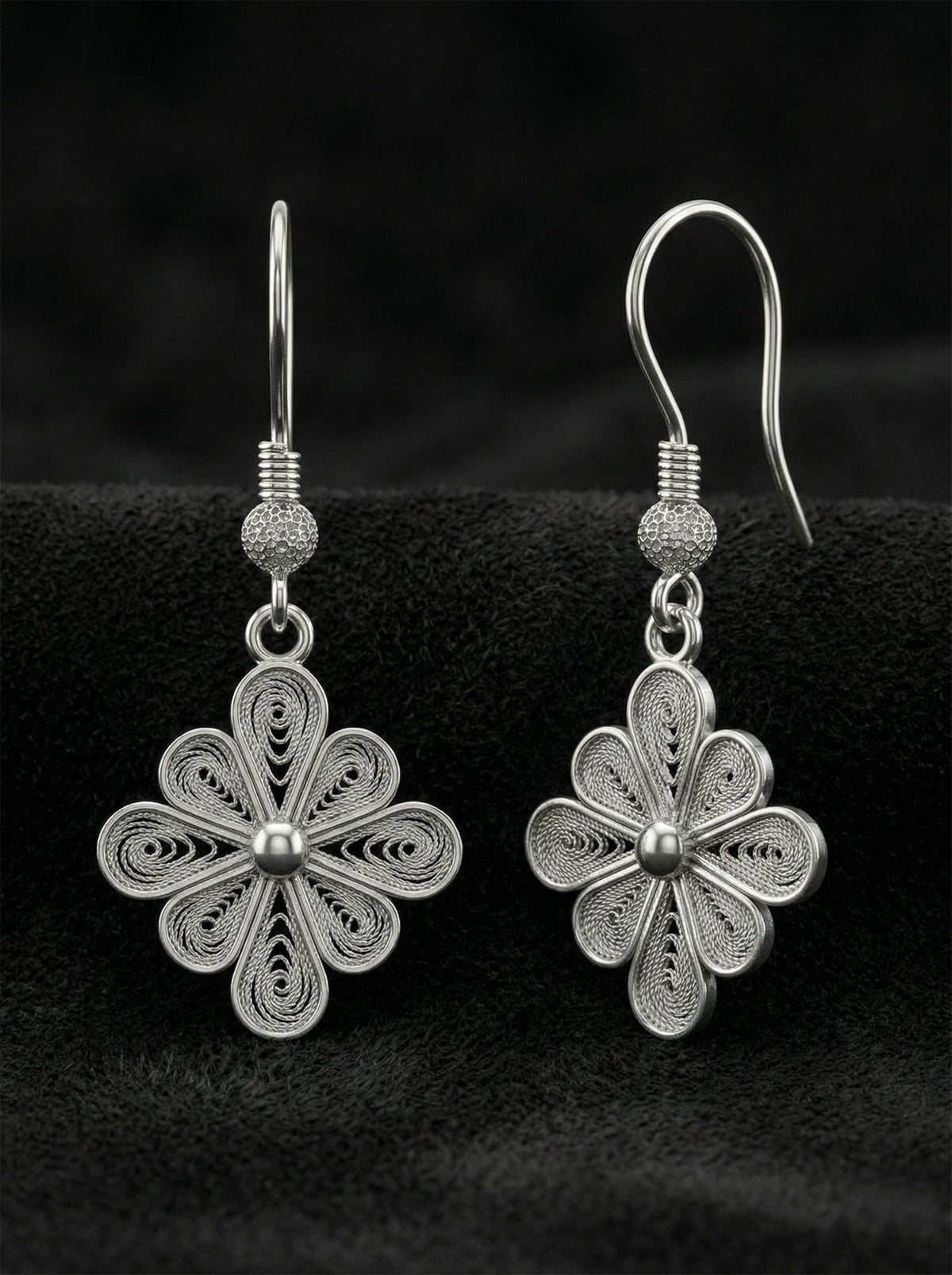 Filigree Eight-Petal Flower Drop Earrings in 925 sterling silver