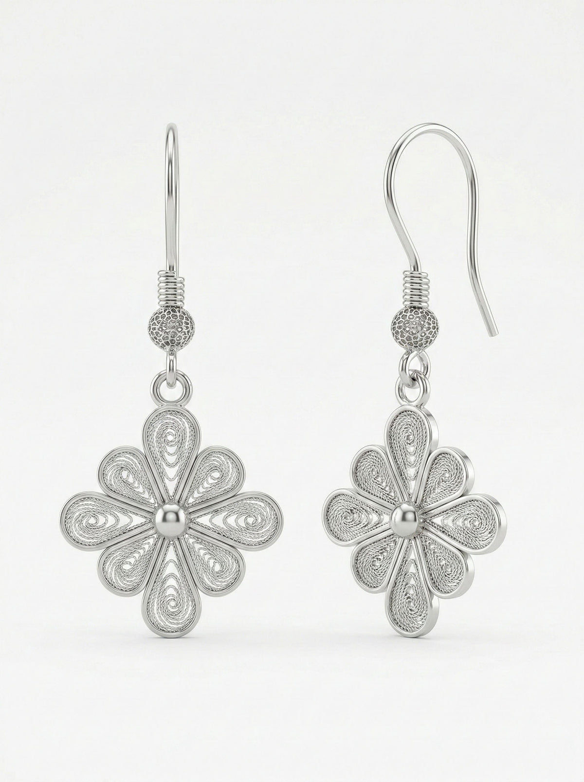 Filigree Eight-Petal Flower Drop Earrings in 925 sterling silver - view 4