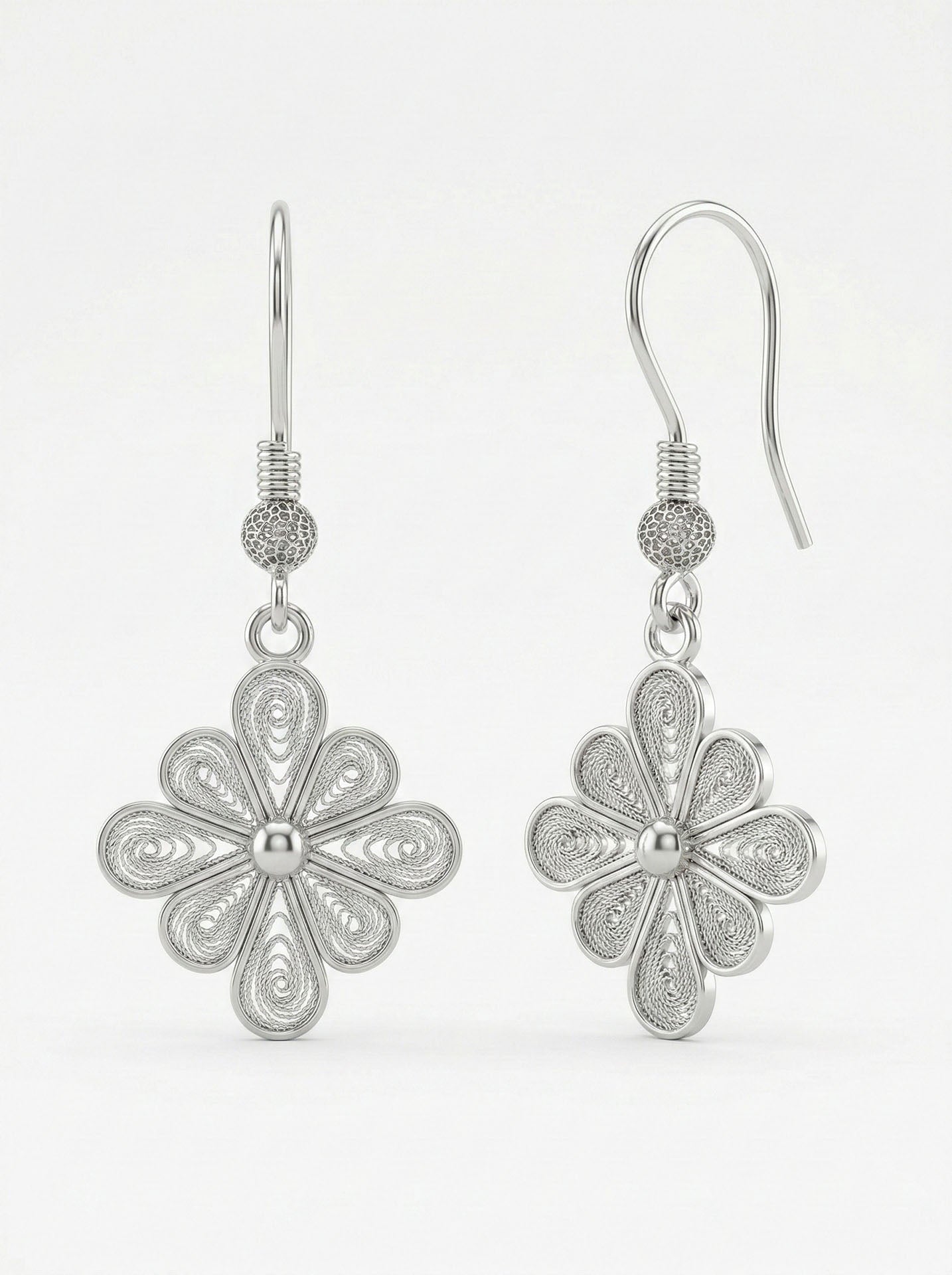 925 Sterling Silver Traditional Filigree Clover Earrings - Handmade Floral Motif Stud