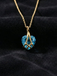 925 Sterling Silver Gold Plated Aquamarine Stone Cage Heart Friendship Necklace