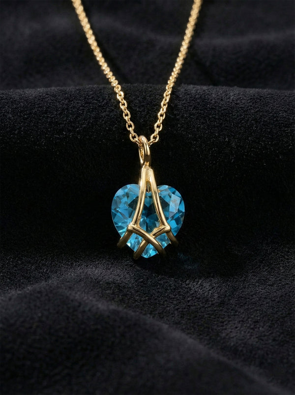 925 Sterling Silver Gold Plated Aquamarine Stone Cage Heart Friendship Necklace