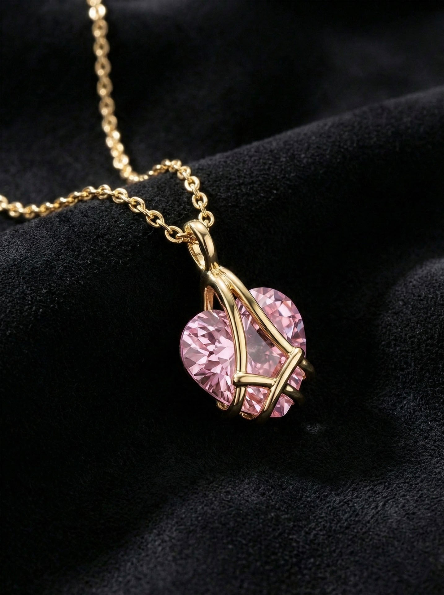 925 Ayar Gümüş Gold Renk Pembe Kuvars Taşlı Kafes Kalp Arkadaşlık Kolyesi