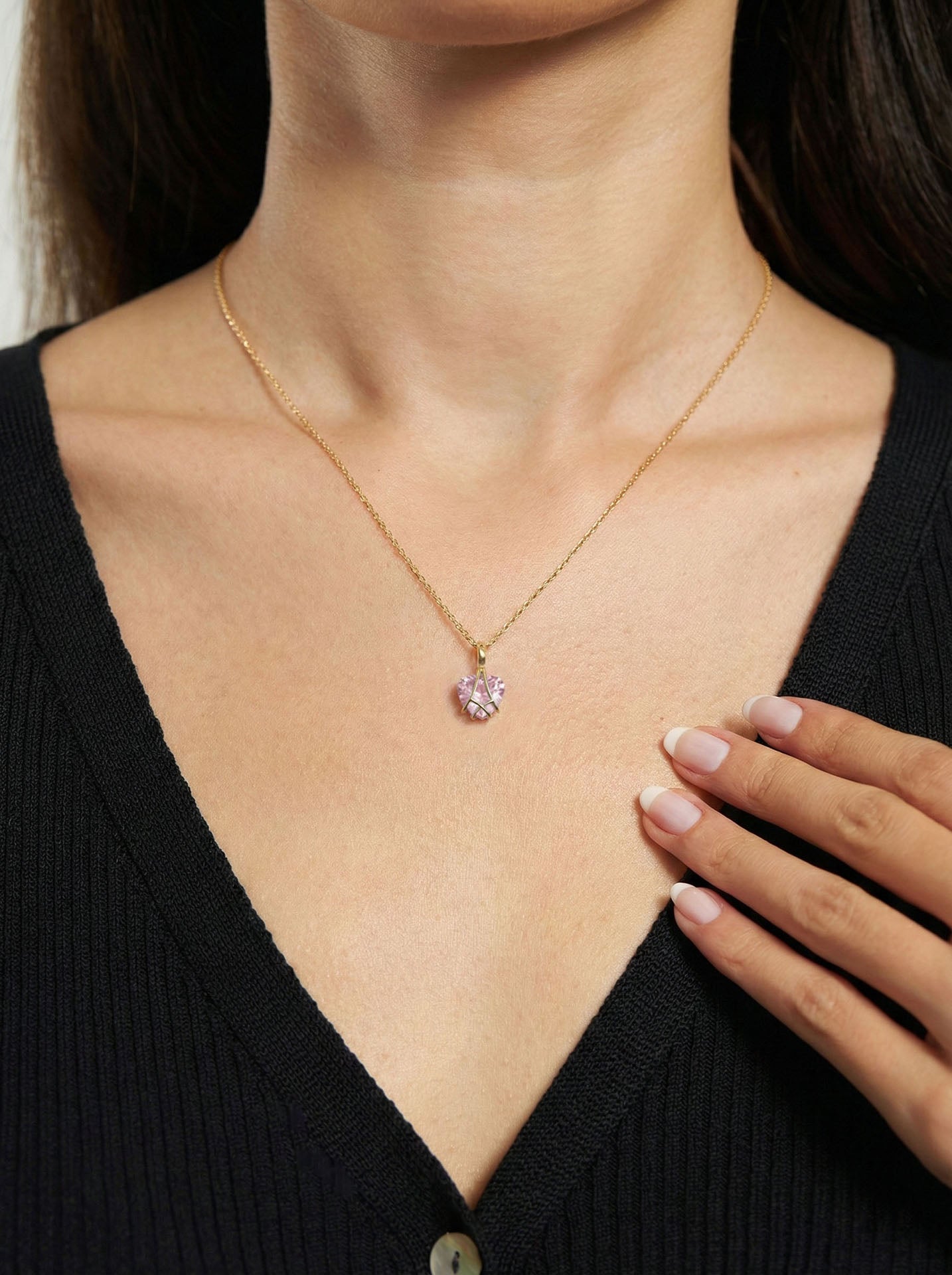 Rose Quartz Cage Heart Friendship Necklace Gold Plated Silver
