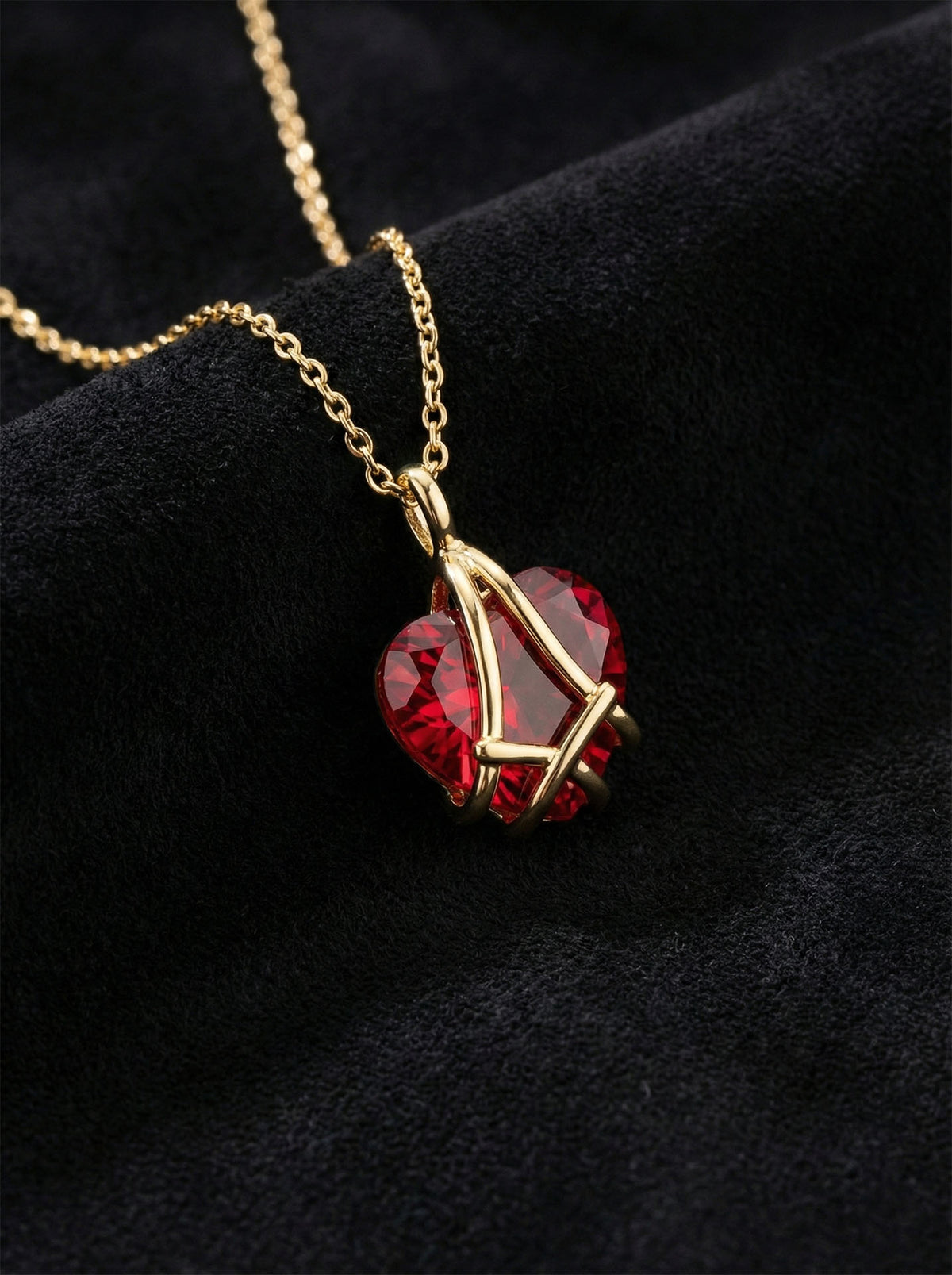 Gold Ruby Caged Heart Friendship Necklace in 925 sterling silver