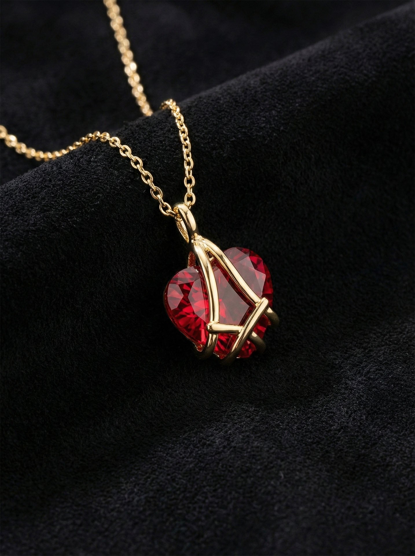 925 Sterling Silver Gold Plated Ruby Cage Heart Friendship Necklace