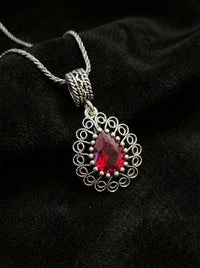 925 Sterling Silver Garnet Stone Handmade Traditional Teardrop Filigree Necklace