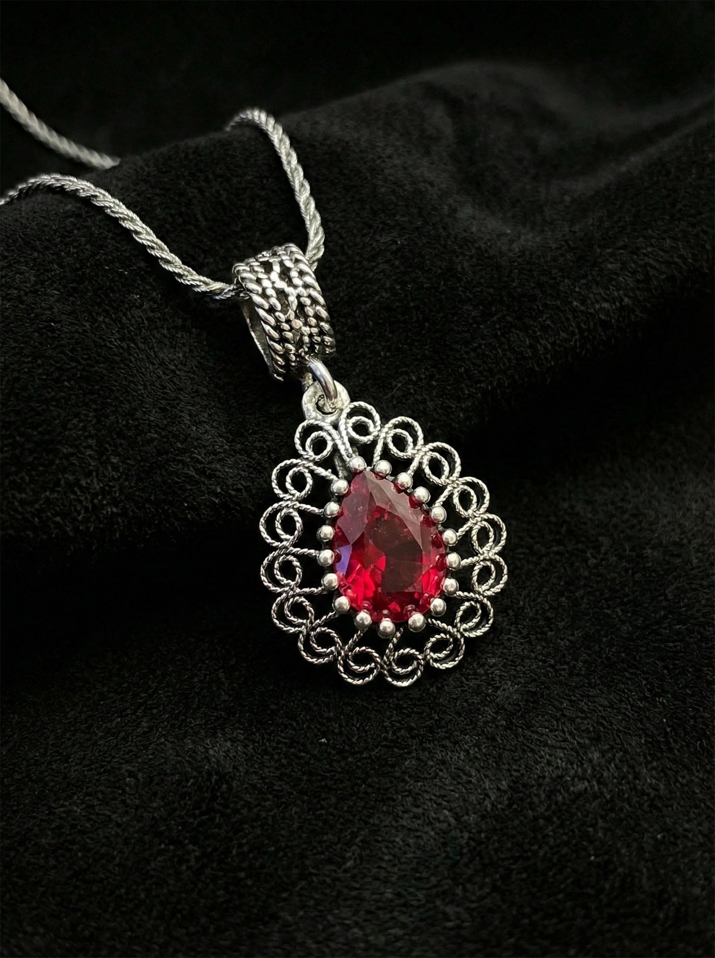 925 Sterling Silver Garnet Stone Handmade Traditional Teardrop Filigree Necklace