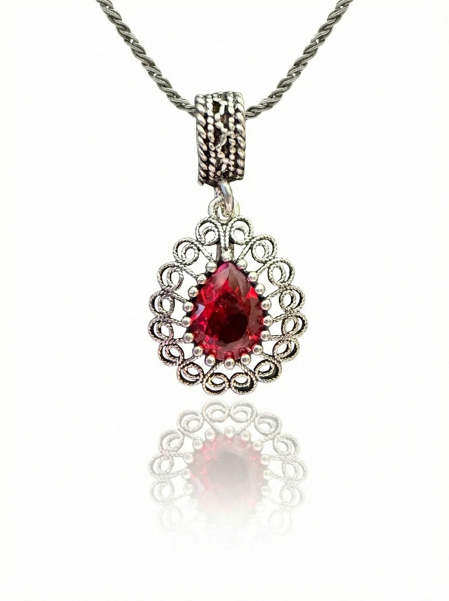 Garnet Handmade Traditional Drop Filigree Necklace Silver
