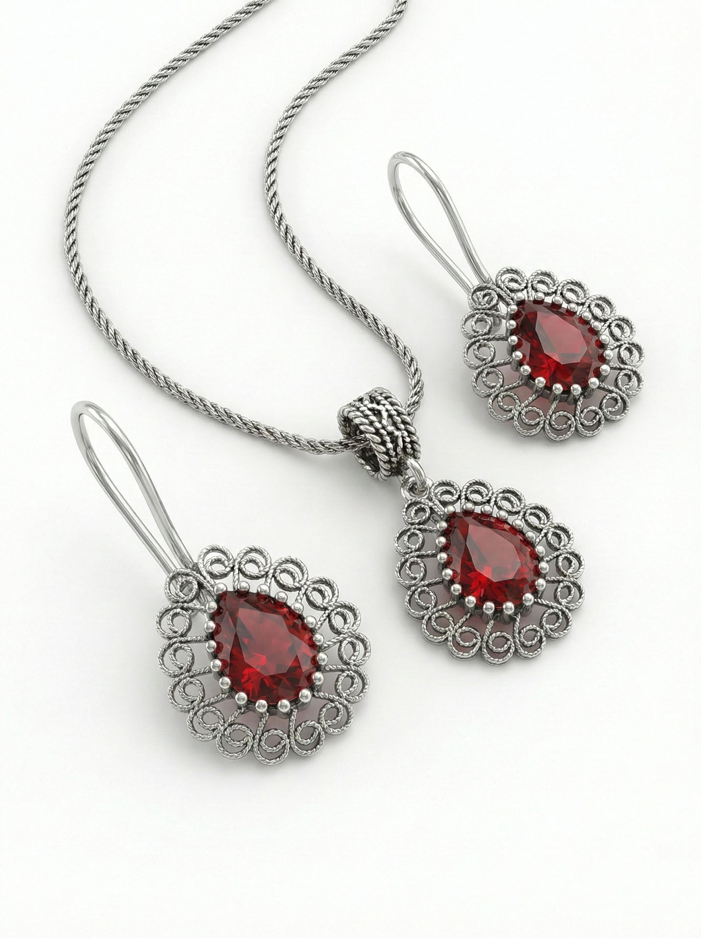 Garnet Handmade Traditional Drop Filigree Necklace & Earrings Set Silver