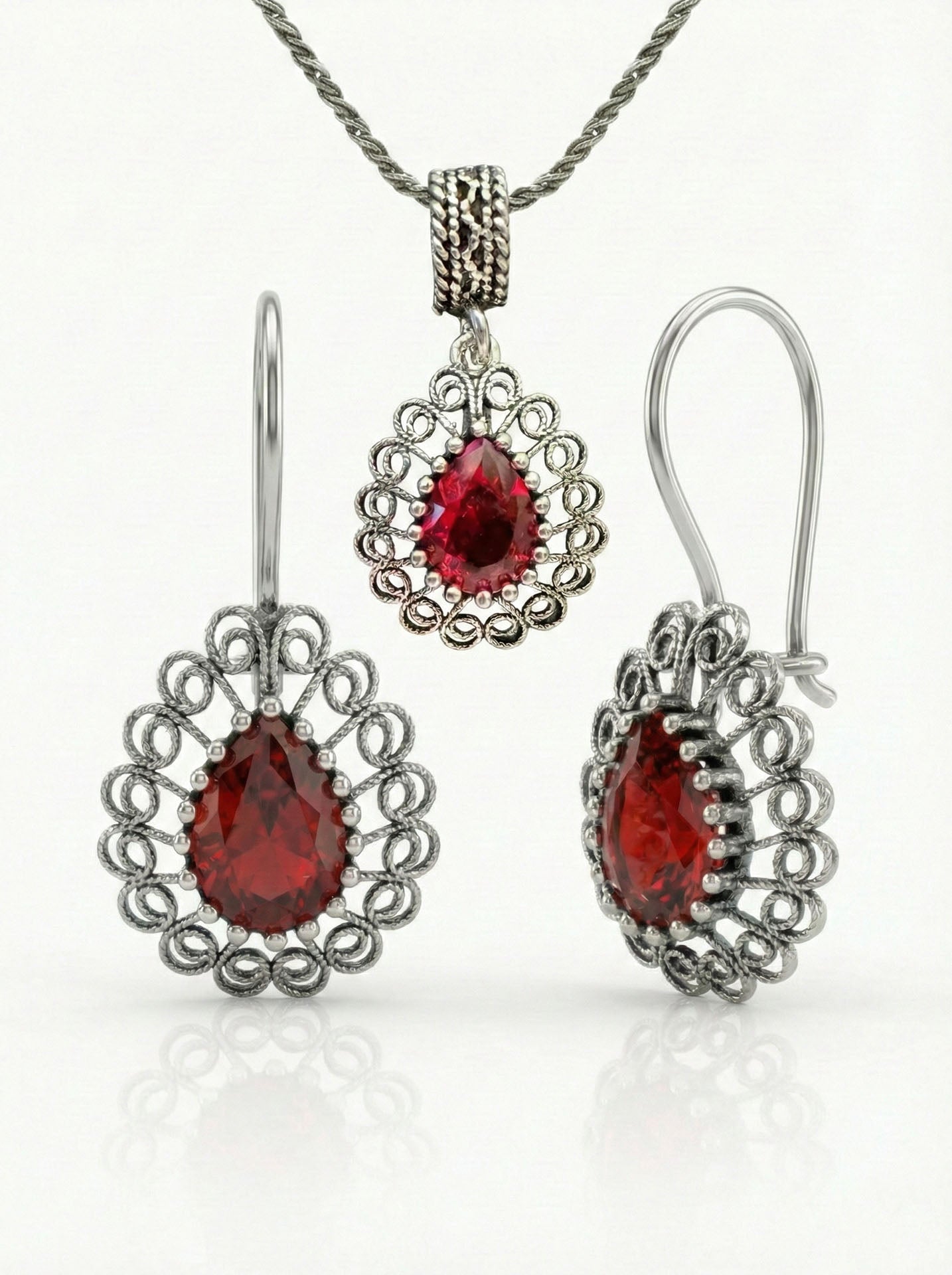 Garnet Handmade Traditional Drop Filigree Necklace & Earrings Set Silver