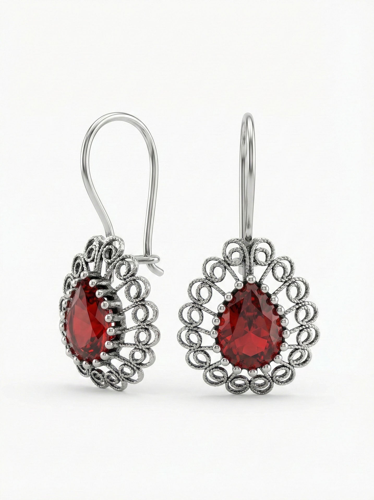 Garnet Handmade Traditional Drop Filigree Earrings Silver