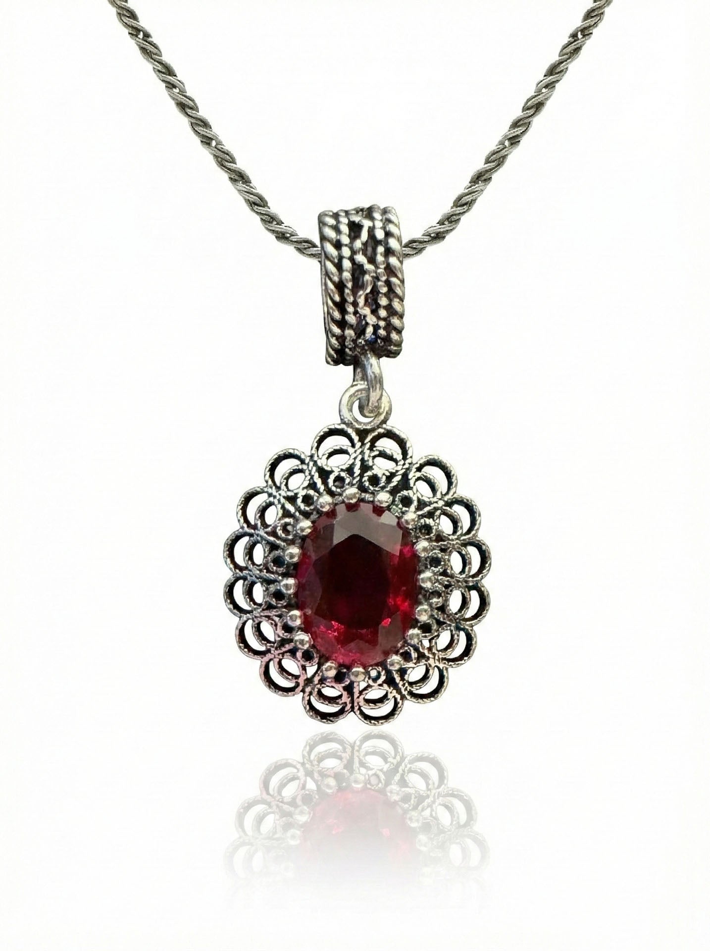 Garnet Handmade Traditional Oval Filigree Necklace Silver