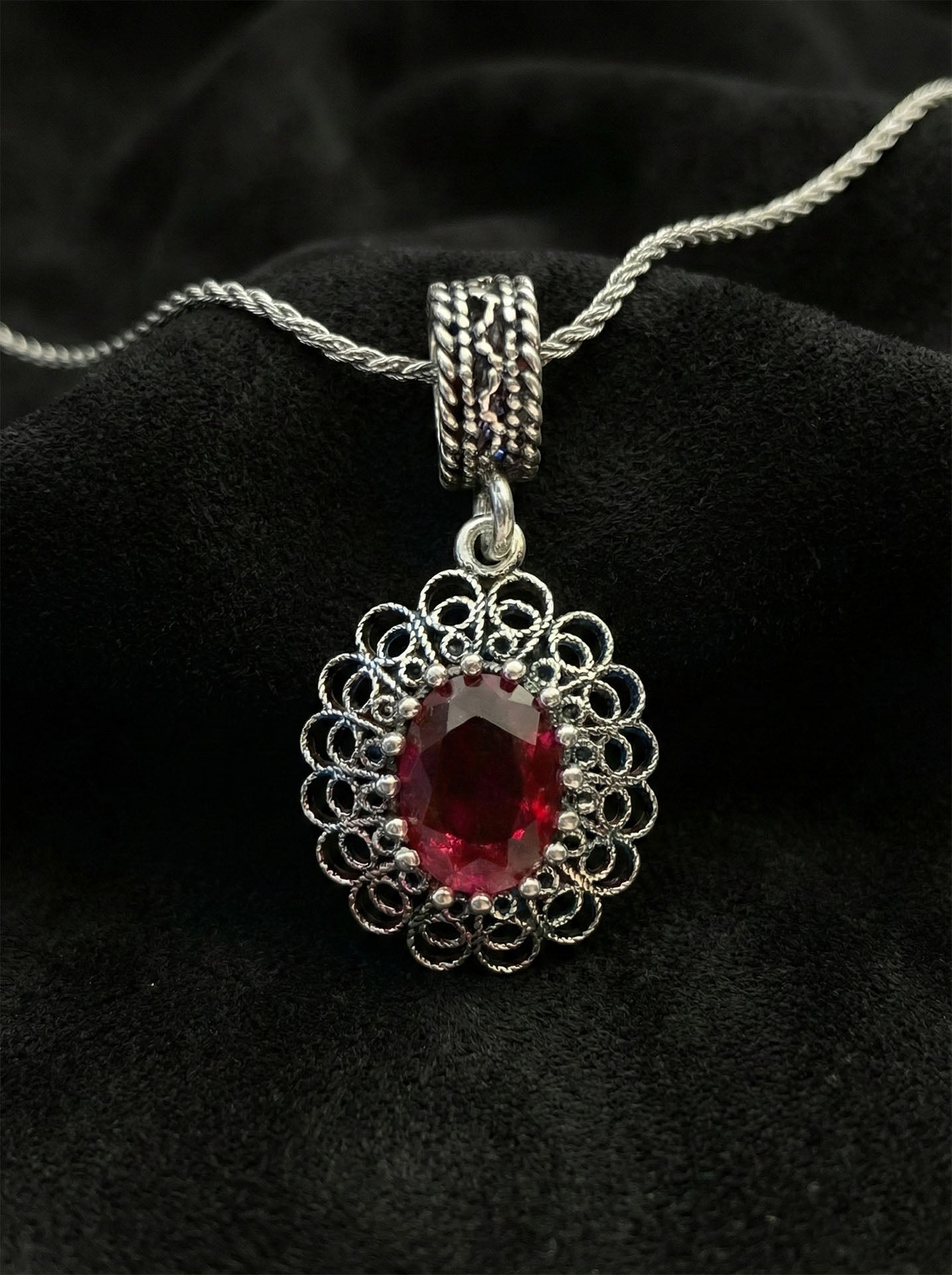 Garnet Handmade Traditional Oval Filigree Necklace & Earrings Set Silver