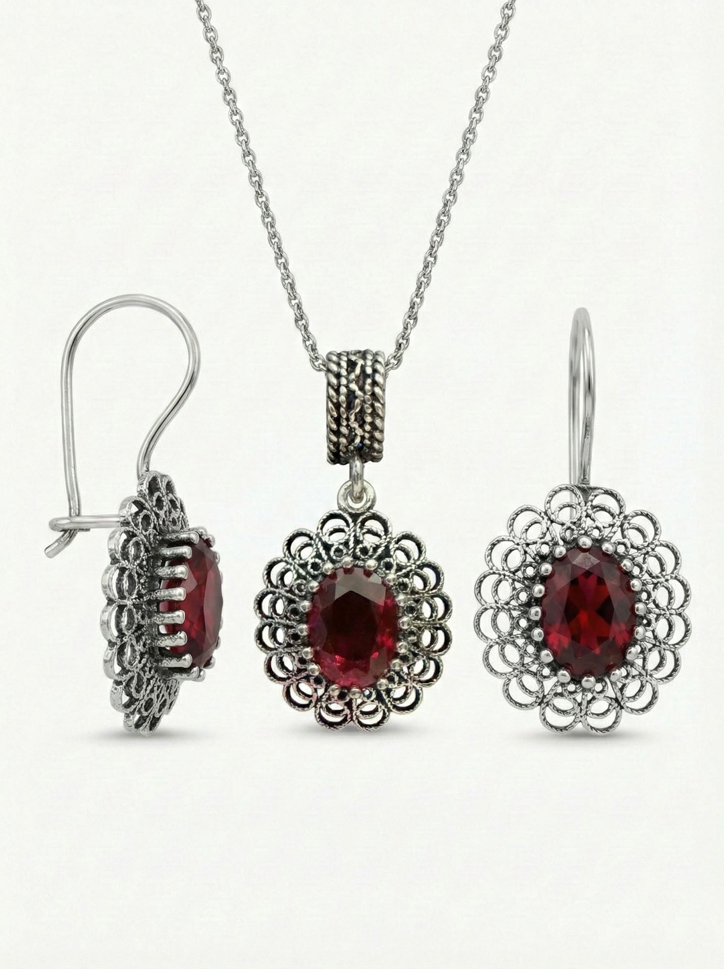 Garnet Handmade Traditional Oval Filigree Necklace & Earrings Set Silver