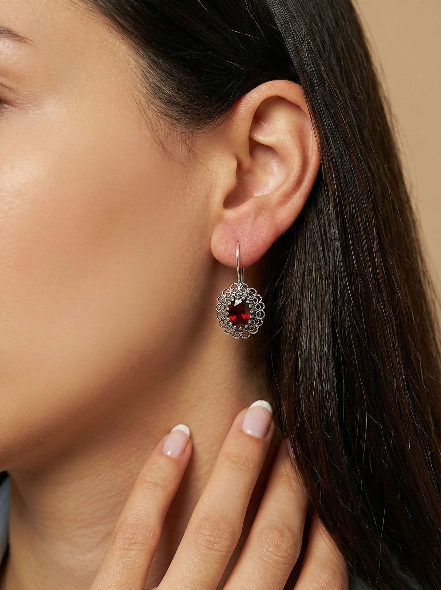 925 Sterling Silver Garnet Stone Handmade Traditional Oval Filigree Earrings