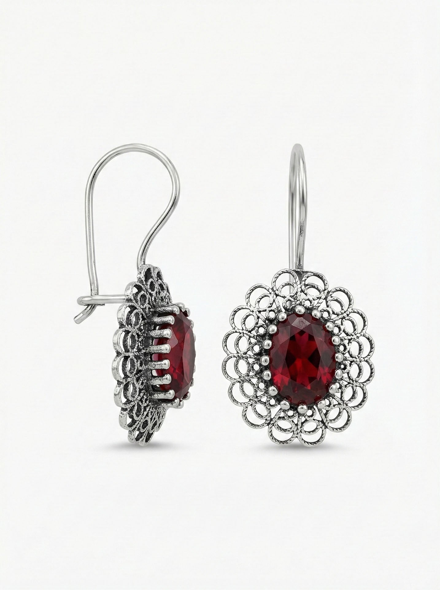 925 Sterling Silver Garnet Stone Handmade Traditional Oval Filigree Earrings